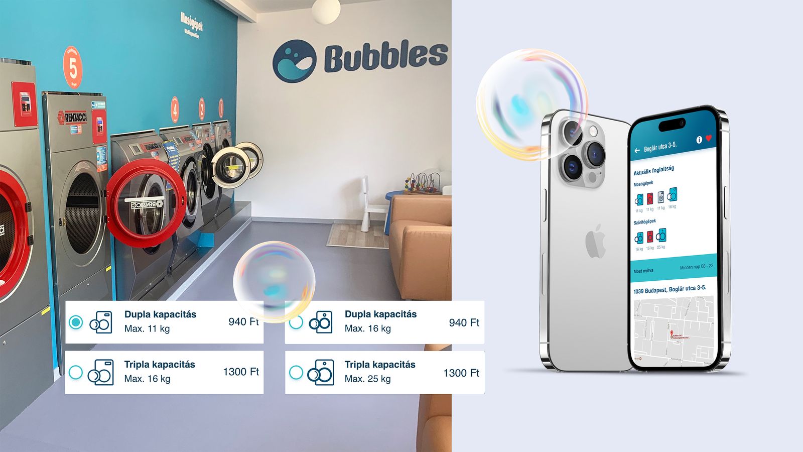 Bubbles önkiszolgáló mosoda üzlet mosógépekkel és a foglalási mobilalkalmazás képernyői