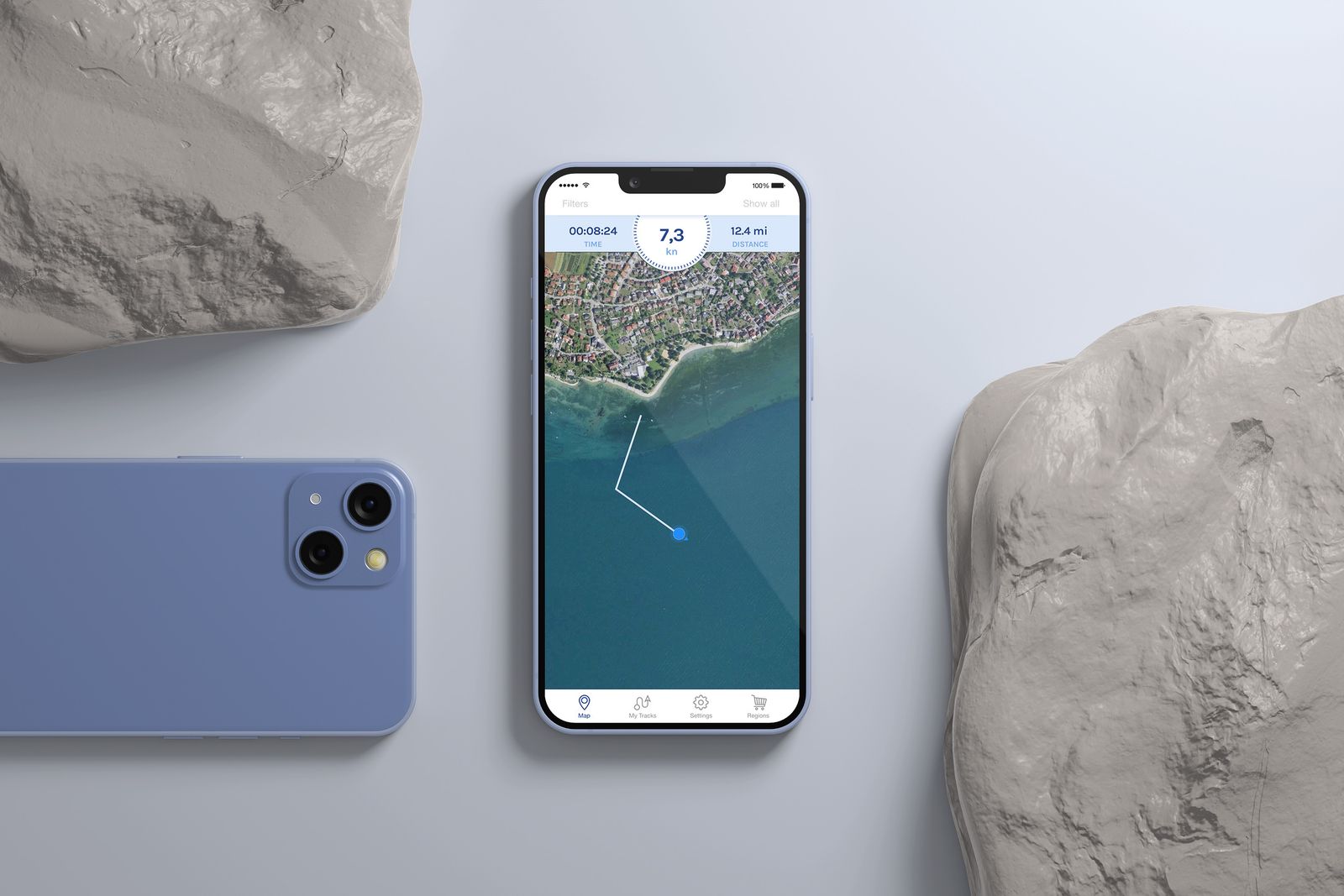 A Hello Skipper alkalmazás kikötő-térképe és Apple Watch képernyője